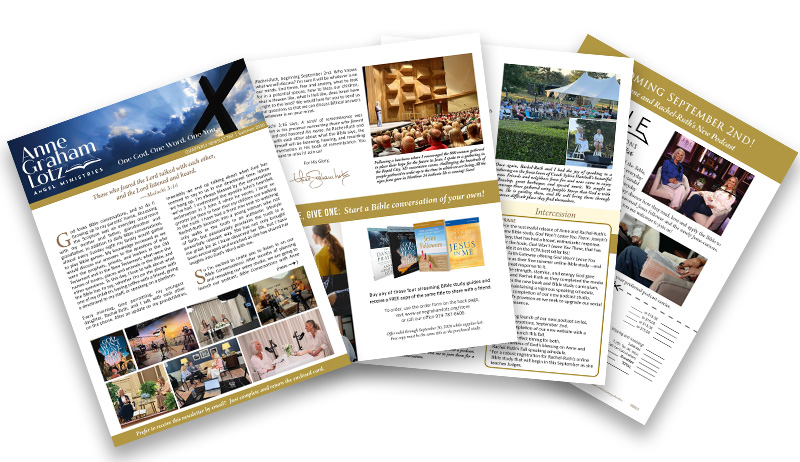 Newsletter pages fanned out so you can see all the pages at once.